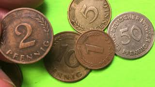 1949 Germany Coins  50 Pfennig  10 Pfennig  5 Pfennig  1 Pfennig Coins  4 Mint Marks  G J F D [upl. by Laefar]