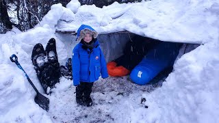 Survival Shelter Winter Camping in Blizzard  Deep Snow Camping in Alaska [upl. by Gundry]