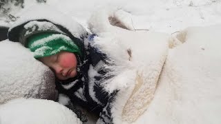 Winter Survival Camping with 4 yr old in Alaska  Primitive Survival Shelter [upl. by Novad]